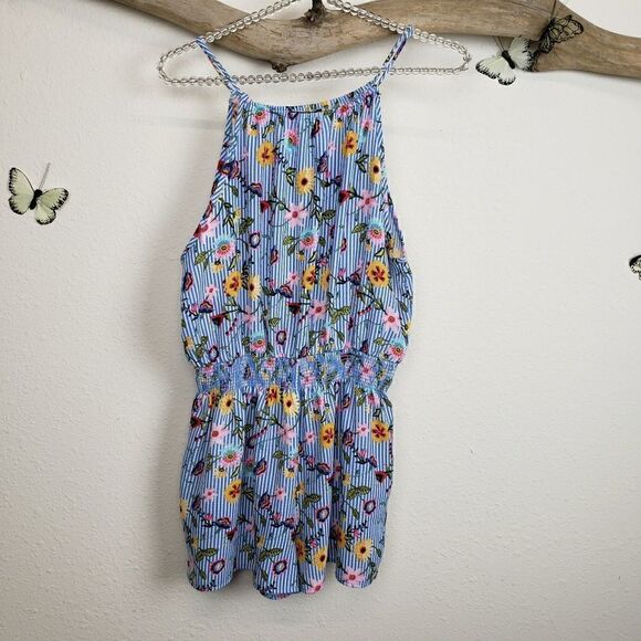 Aqua floral striped romper short - Picture 1 of 6